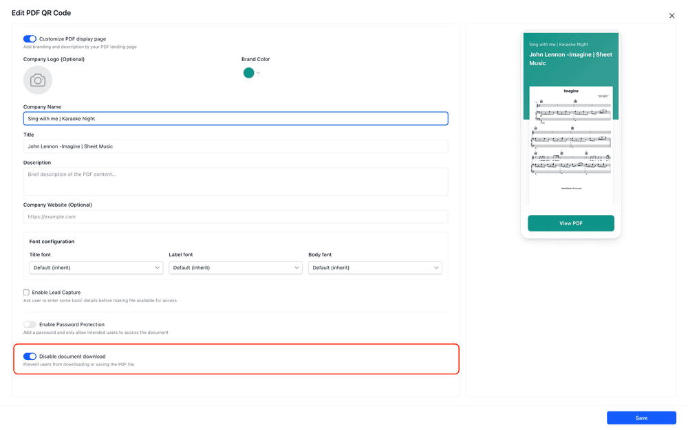 Toggle to disable PDF download in Marqr dashboard